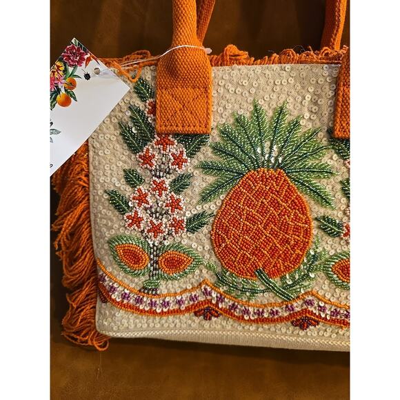 NWT America & Beyond Orange Viral Beaded Fringe Fiesta Pineapple Bag Purse - Picture 3 of 10